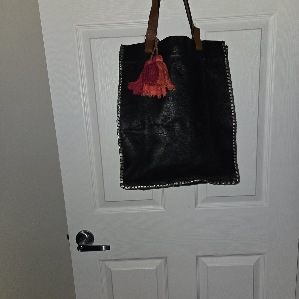 Black Leather Tote Bag with Tassel